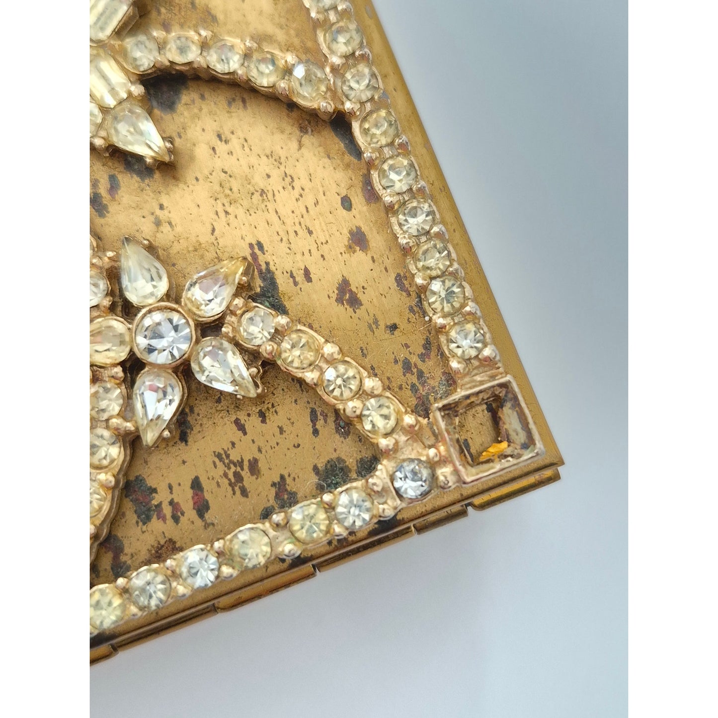Vintage 1940s Gold-tone Rhinestone Compact Lipstick and Cigarette Case Purse