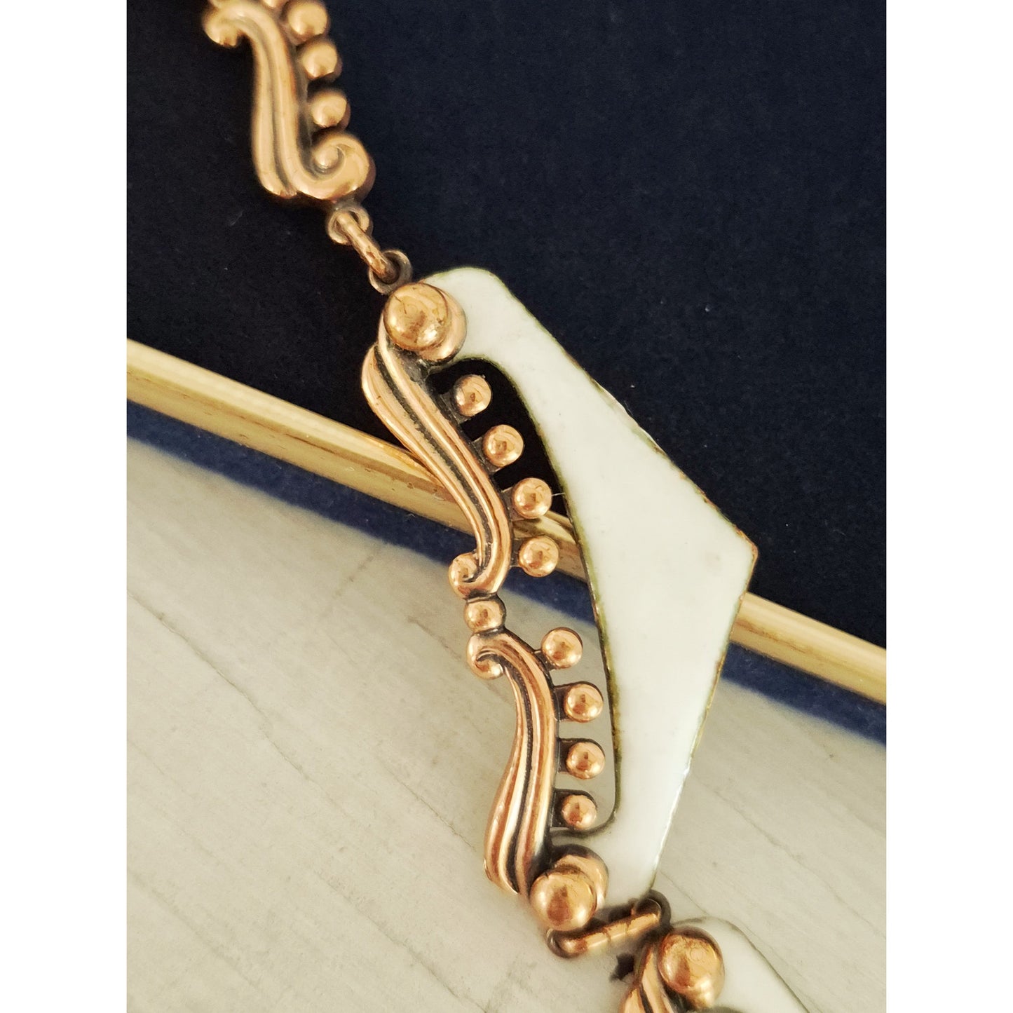 Vintage MCM Matisse Signed Copper White Enamel Atomic Necklace