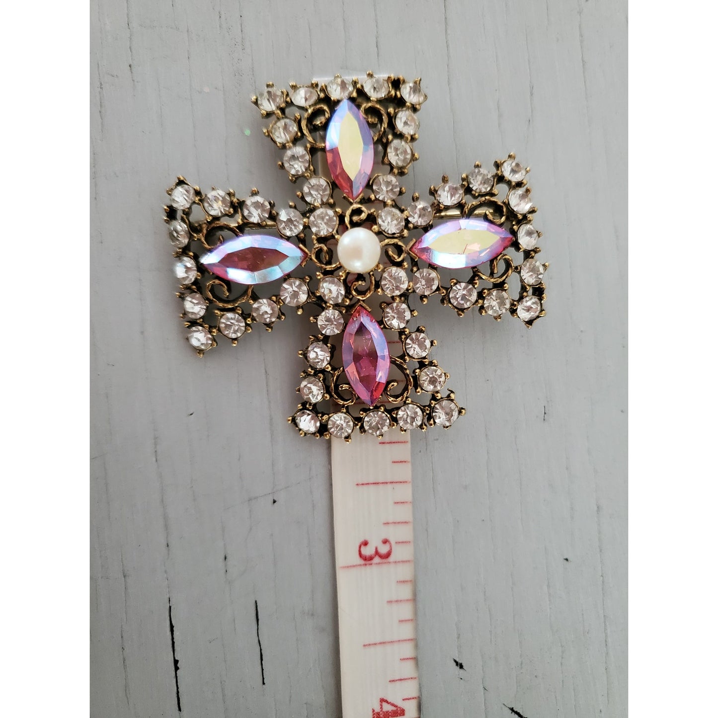 Vintage Large Pink and Clear Rhinestone Maltese Cross Brooch