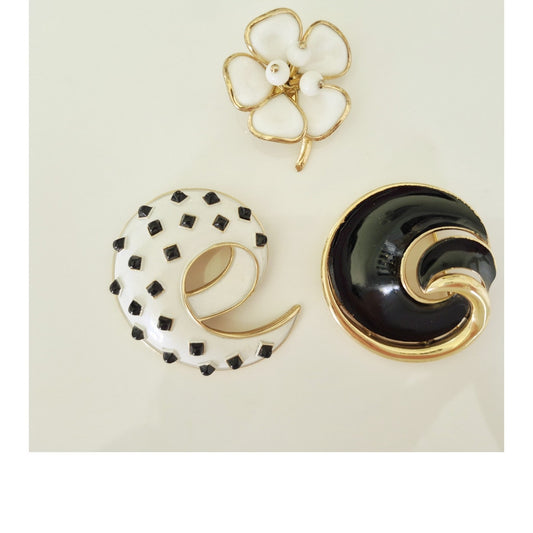 Vintage MCM Crown Trifari Black and White Brooch Lot of 3