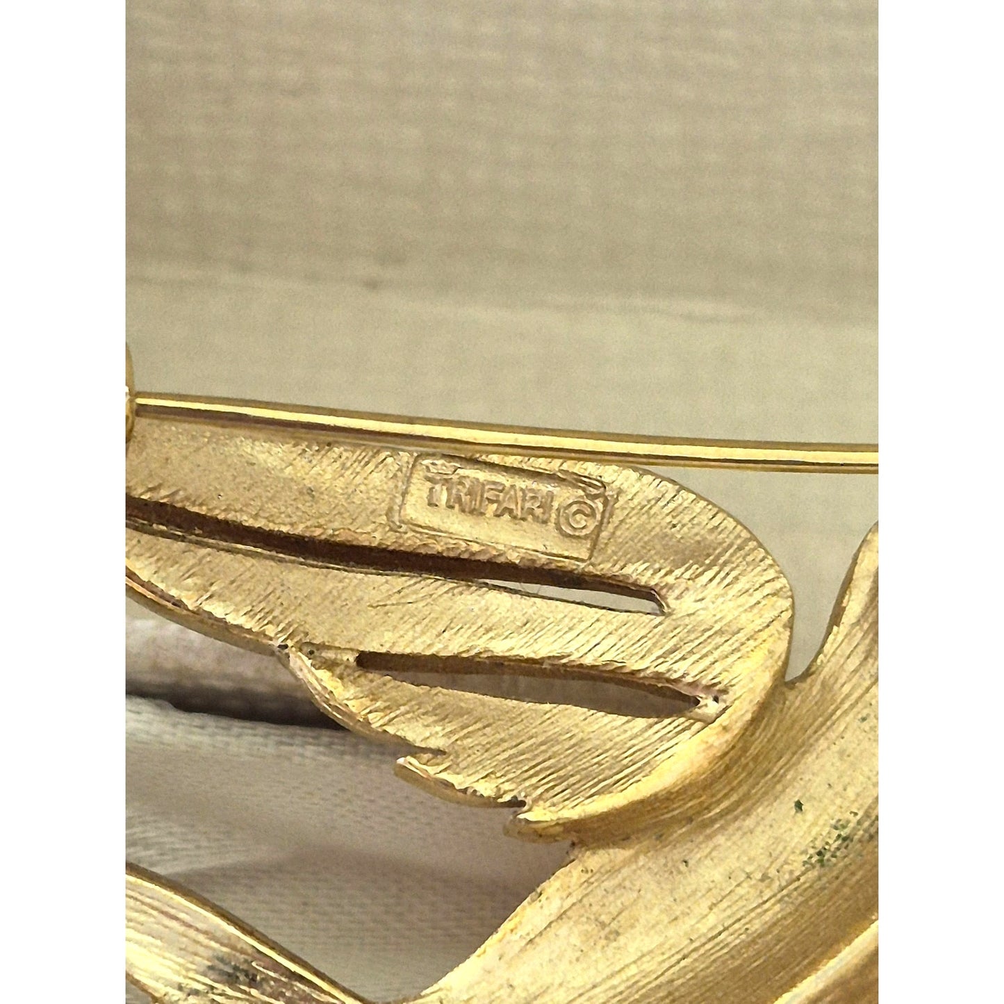 Vintage MCM Crown Trifari Brushed Gold-tone Red Glass Eye Flying Bird Pin Brooch