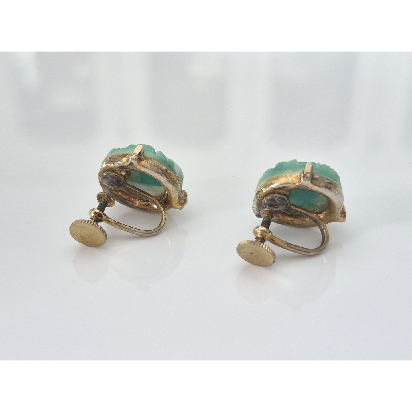 Vintage Mid-Century Faux Molded Glass Jade Screw On Earrings Lot of 2