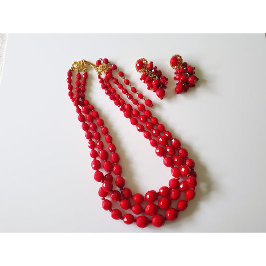 Vintage Hobe Red Acrylic Double Strand Beaded Necklace and Earring Set