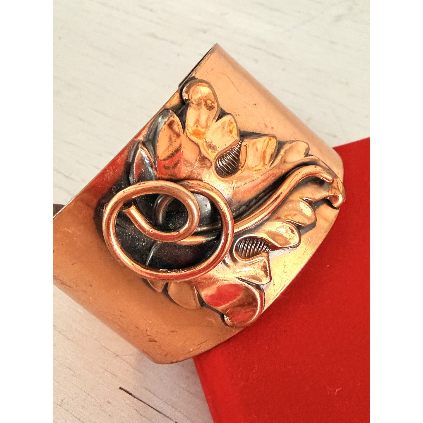 Vintage Copper Repoussé Modernist Leaf Wide Cuff Bracelet