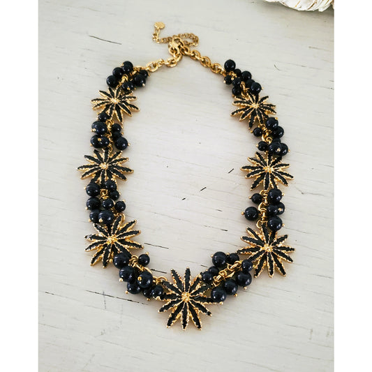 Talbots Navy Blue & Gold Tone Beaded Enamel Starburst Statement Necklace