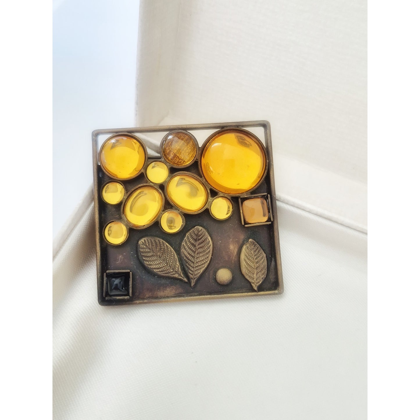 Vintage Yellow Carbochans Floral Copper Artisan Brooch