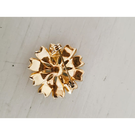 Vintage Gold Tone and Green Rhinestone Brooch and Earring Set