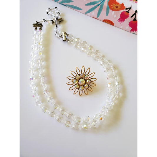 Vintage Crystal AB Necklace and Brooch Jewelry Set