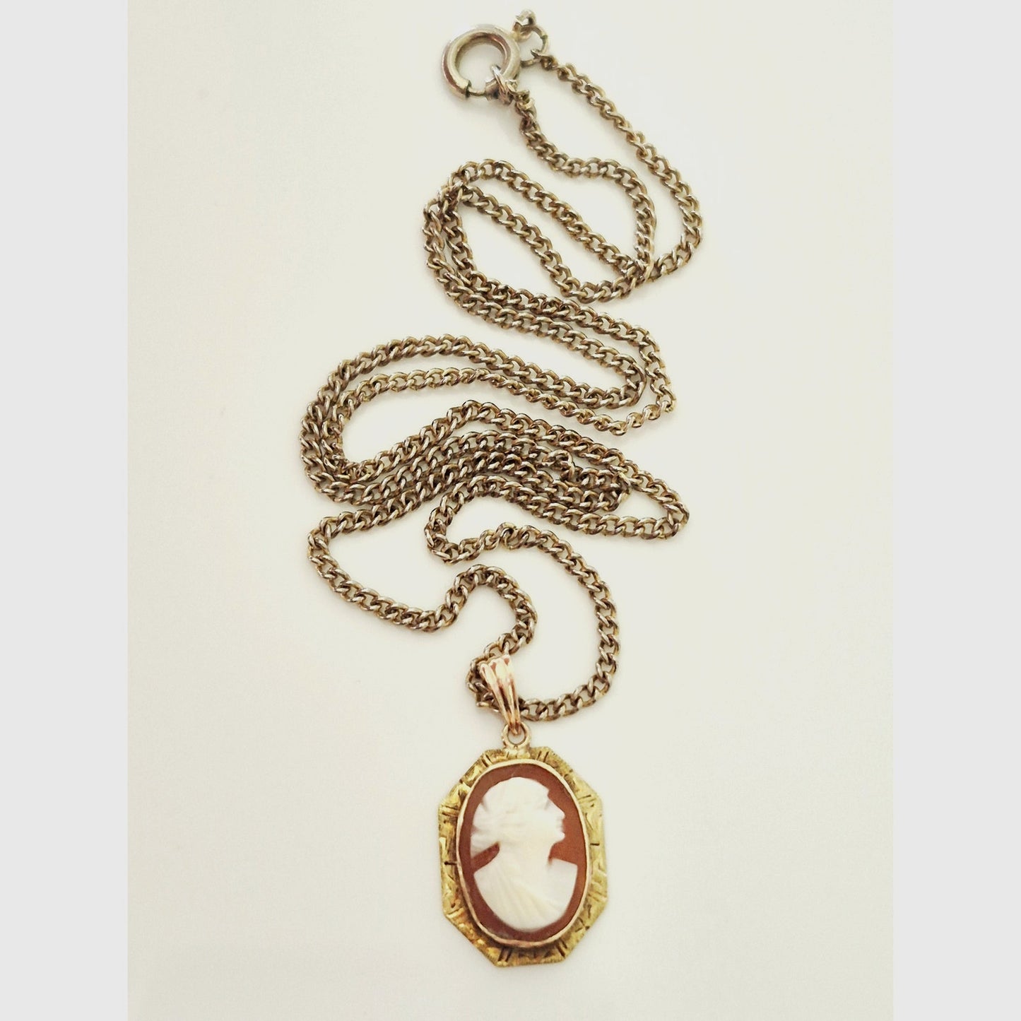 Vintage 10K Gold Mini Victorian Hand-carved Shell Cameo Pendant with Necklace