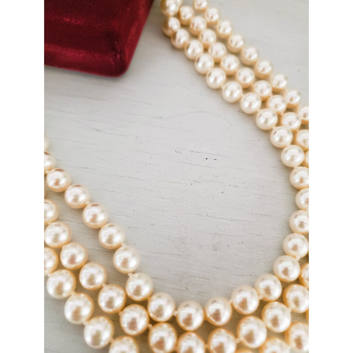 Vintage Majorica Triple Strand Pearl Necklace with Box Clasp