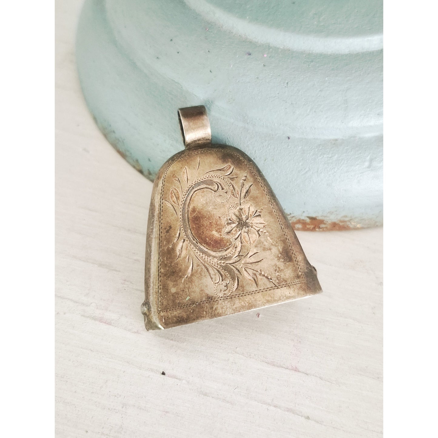 Vintage Sterling Silver Floral Etched Cow Bell Pendant