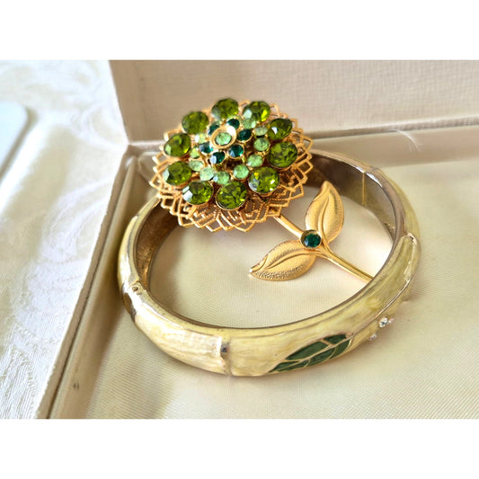 Vintage Green Rhinestone Floral Brooch with Bracelet Set