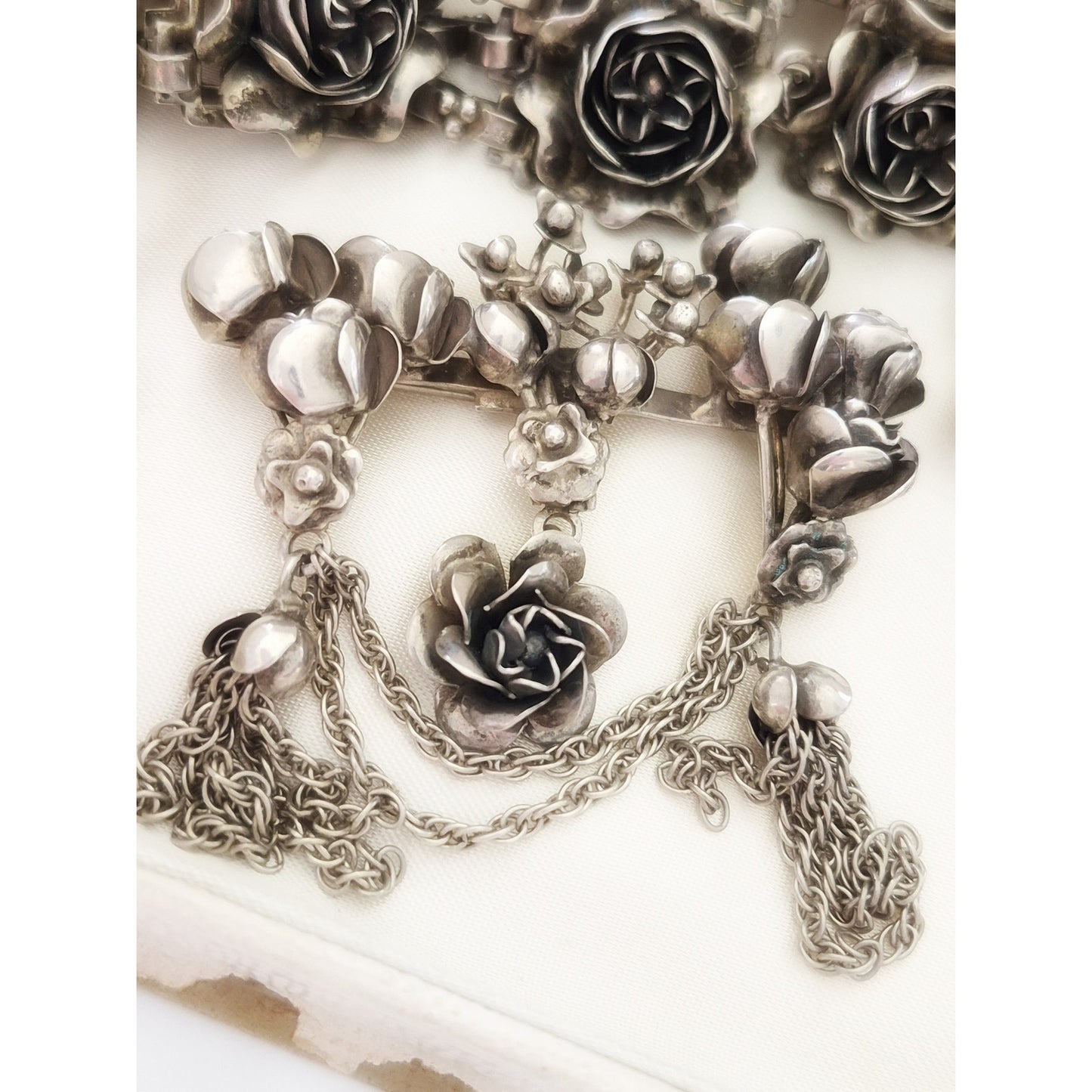 Vintage 1940s Sterling Hobe Rose Floral Bracelet Earring and Brooch Set
