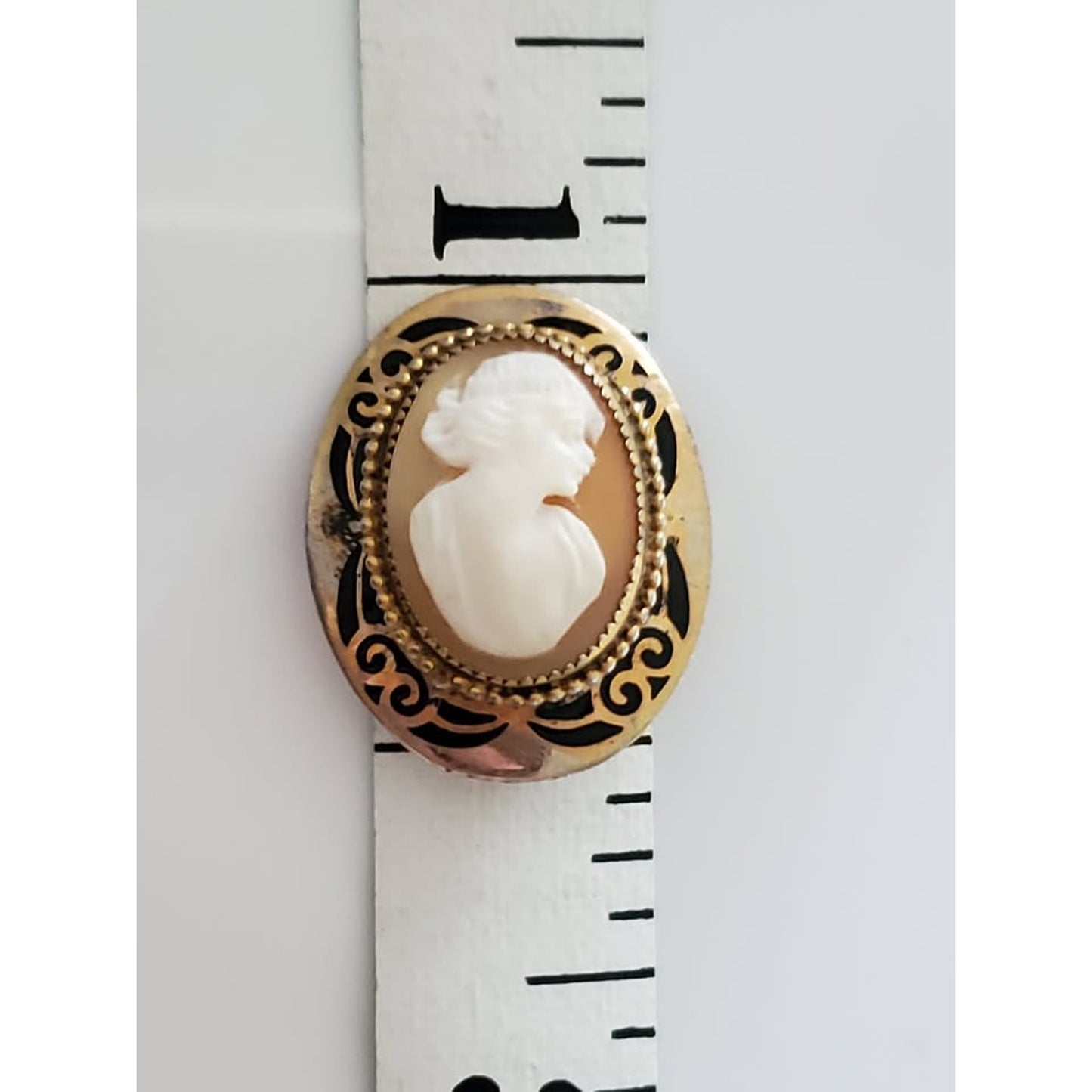 Vintage Victorian Lady Cameo Pin Brooch Plated with Black Enamel