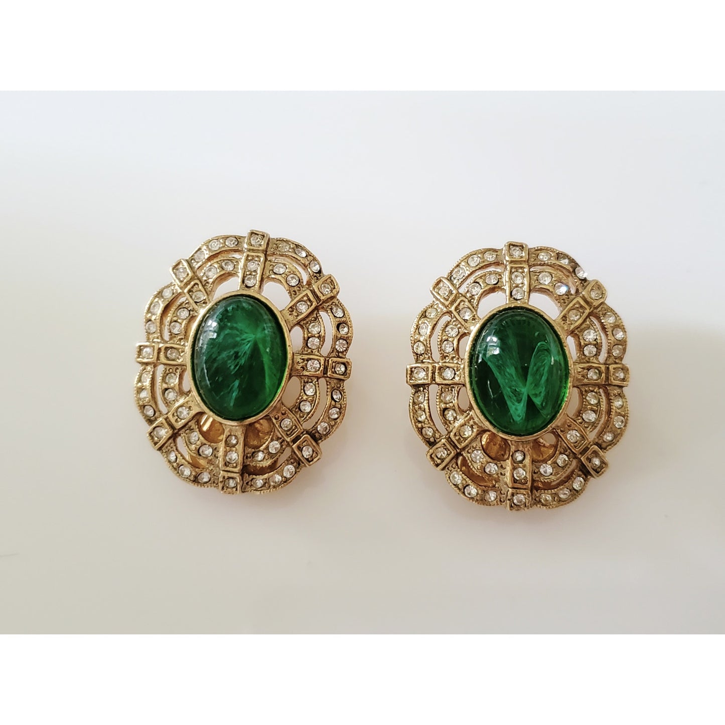 Vintage Green and Gold Tone Crystal Clip On Earrings