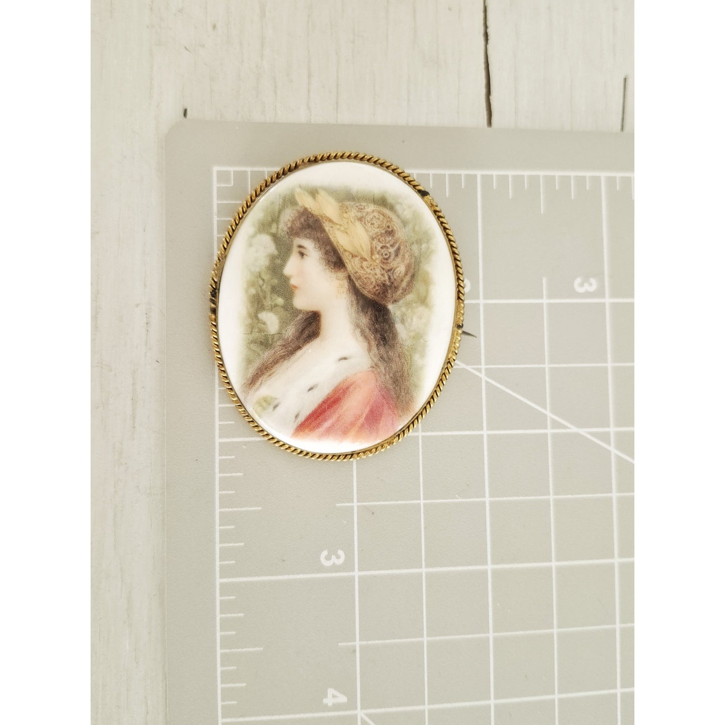 Antique Victorian Hand Painted Porcelain Rope Framed C-Clasp Brooch