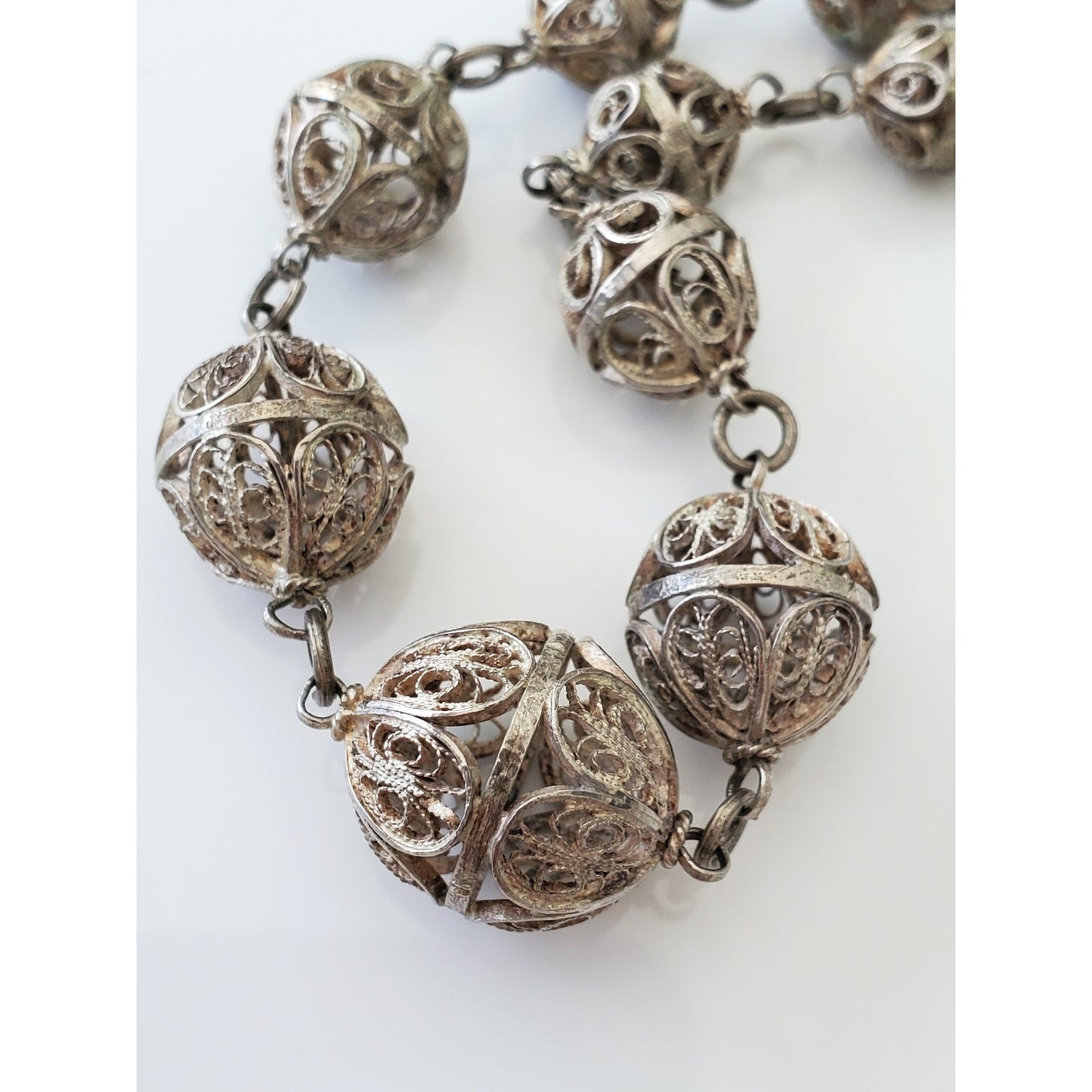 Vintage Byzantine Style Silver Graduated Filigree Bead Necklace