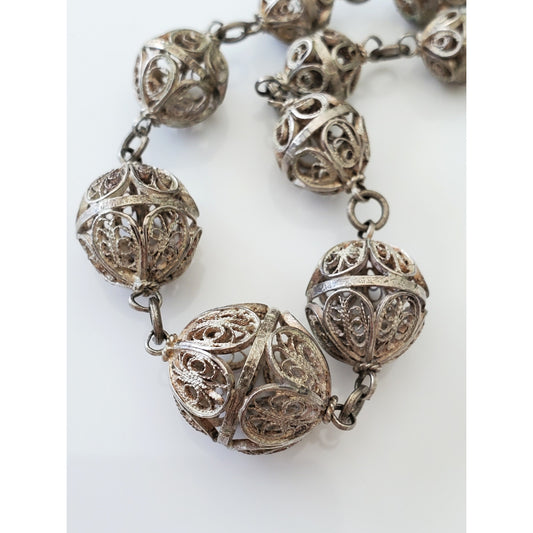 Vintage Byzantine Style Silver Graduated Filigree Bead Necklace