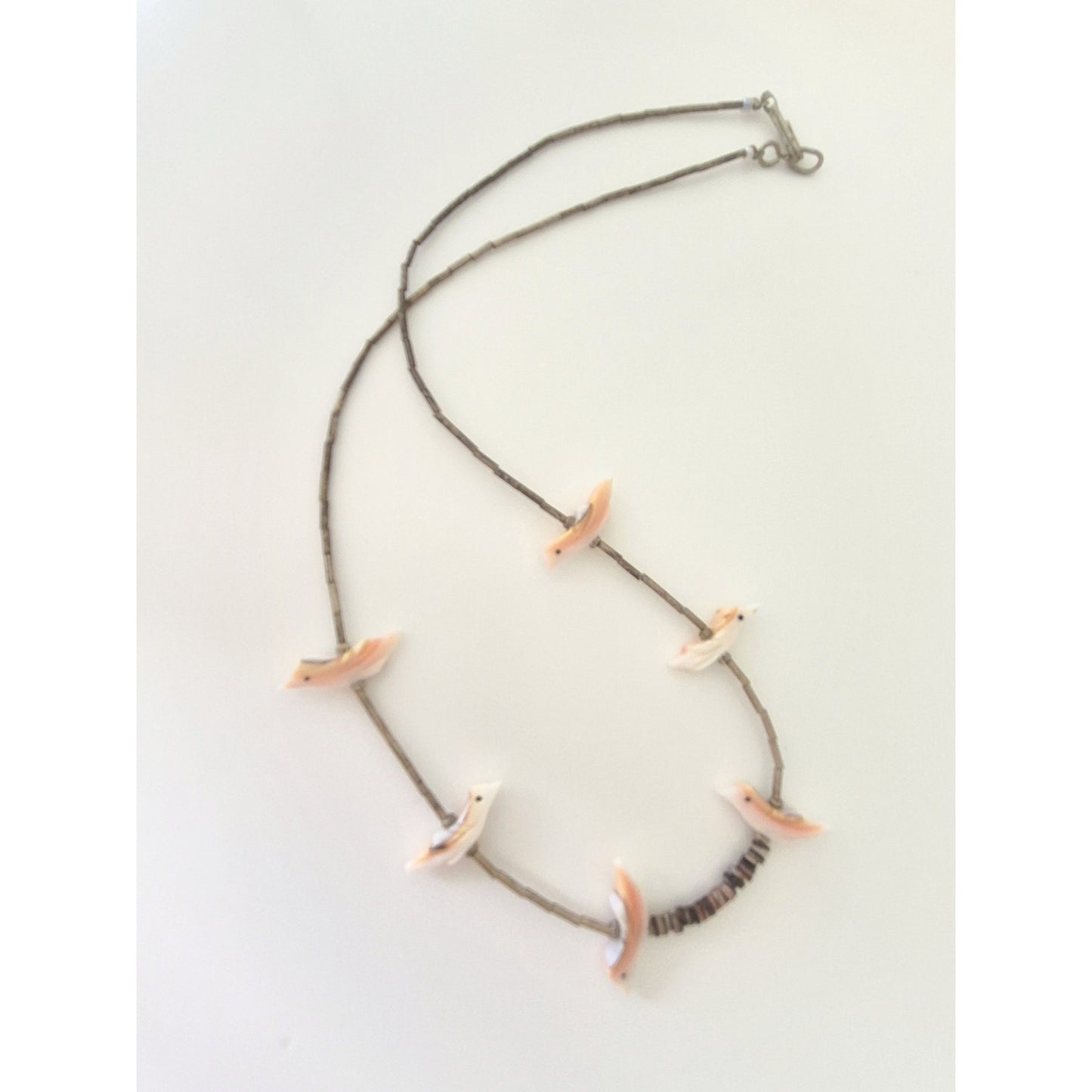 Vintage MOP Pink Birds Shell and Liquid Silver Bead Choker Necklace