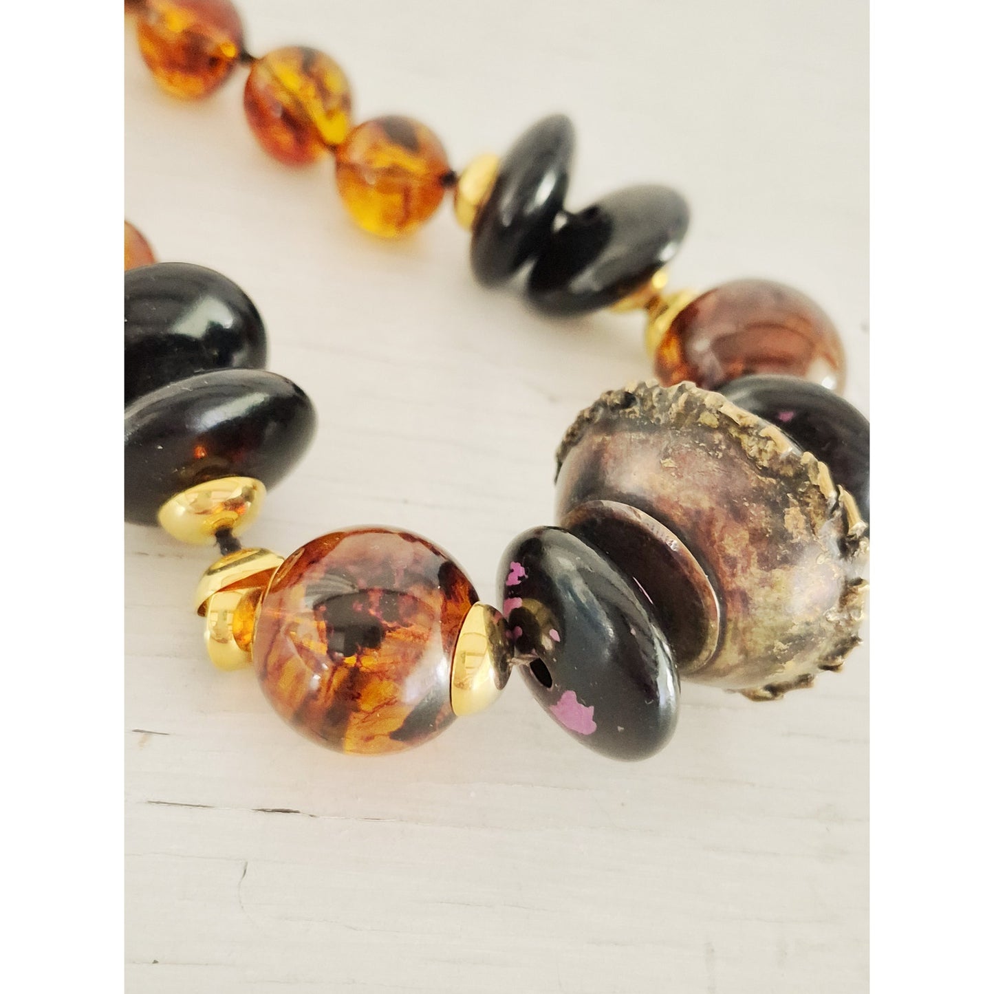 Vintage Les Bernard Designer Chunky Amber Brass Bead Necklace