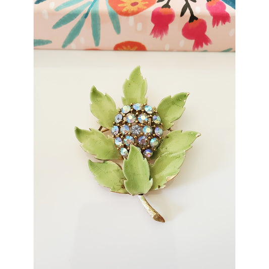 Vintage Lisner Sage Green Enamel Leaf AB Rhinestone Brooch