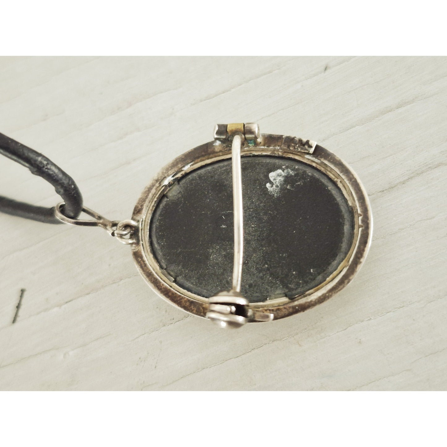 Antique 800 Silver Pietra Dura Mosaic Inlaid Stone Pendant Brooch Necklace
