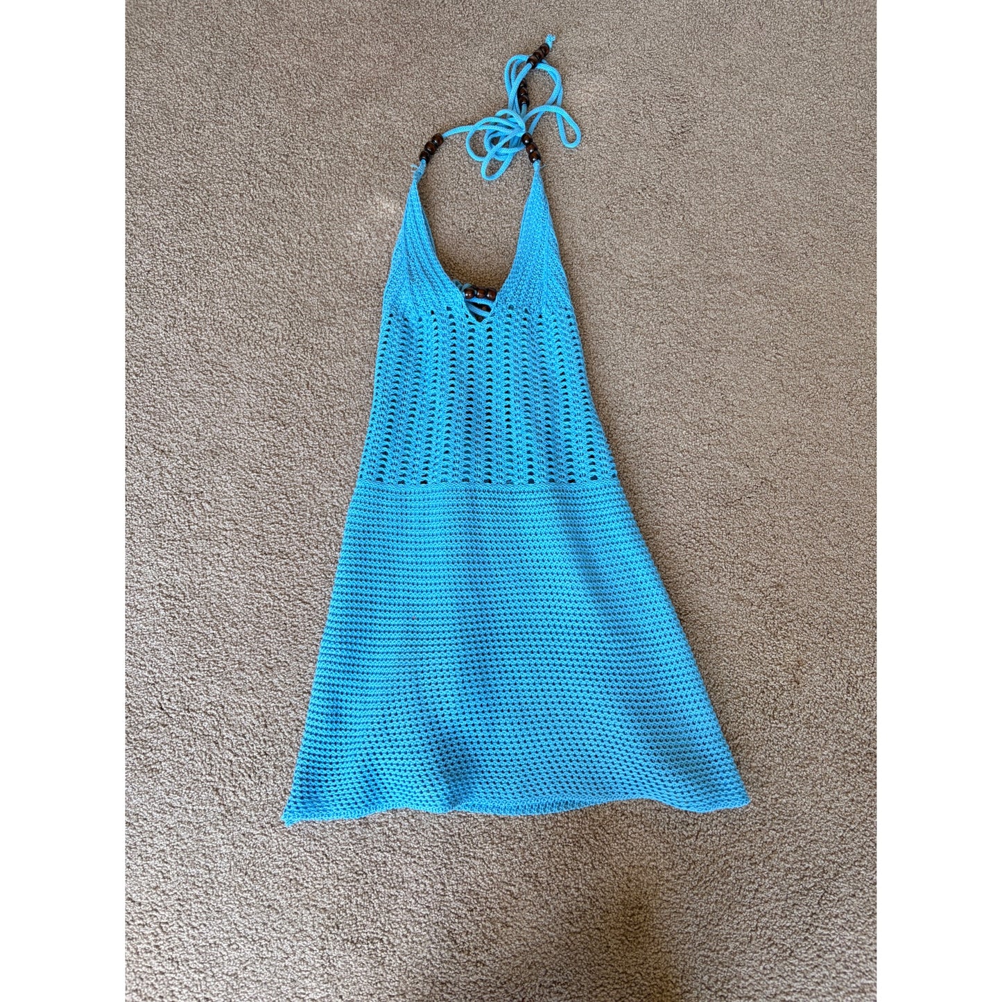 Blue Knit Crochet Cover Up Dress with Wooden Beads
