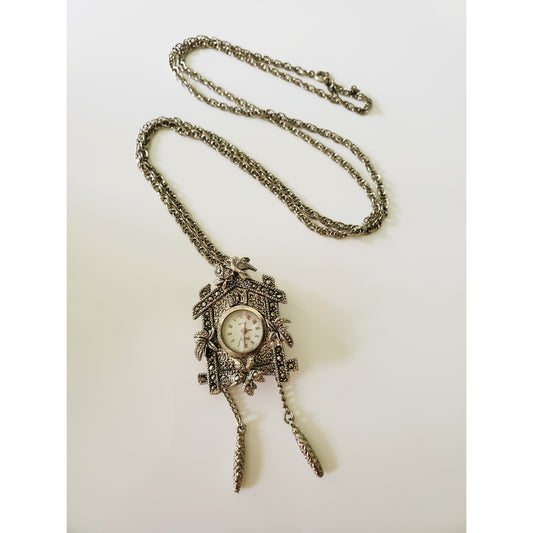 Vintage Xanadu Marcasite Silver Cuckoo Clock Watch Necklace and Brooch