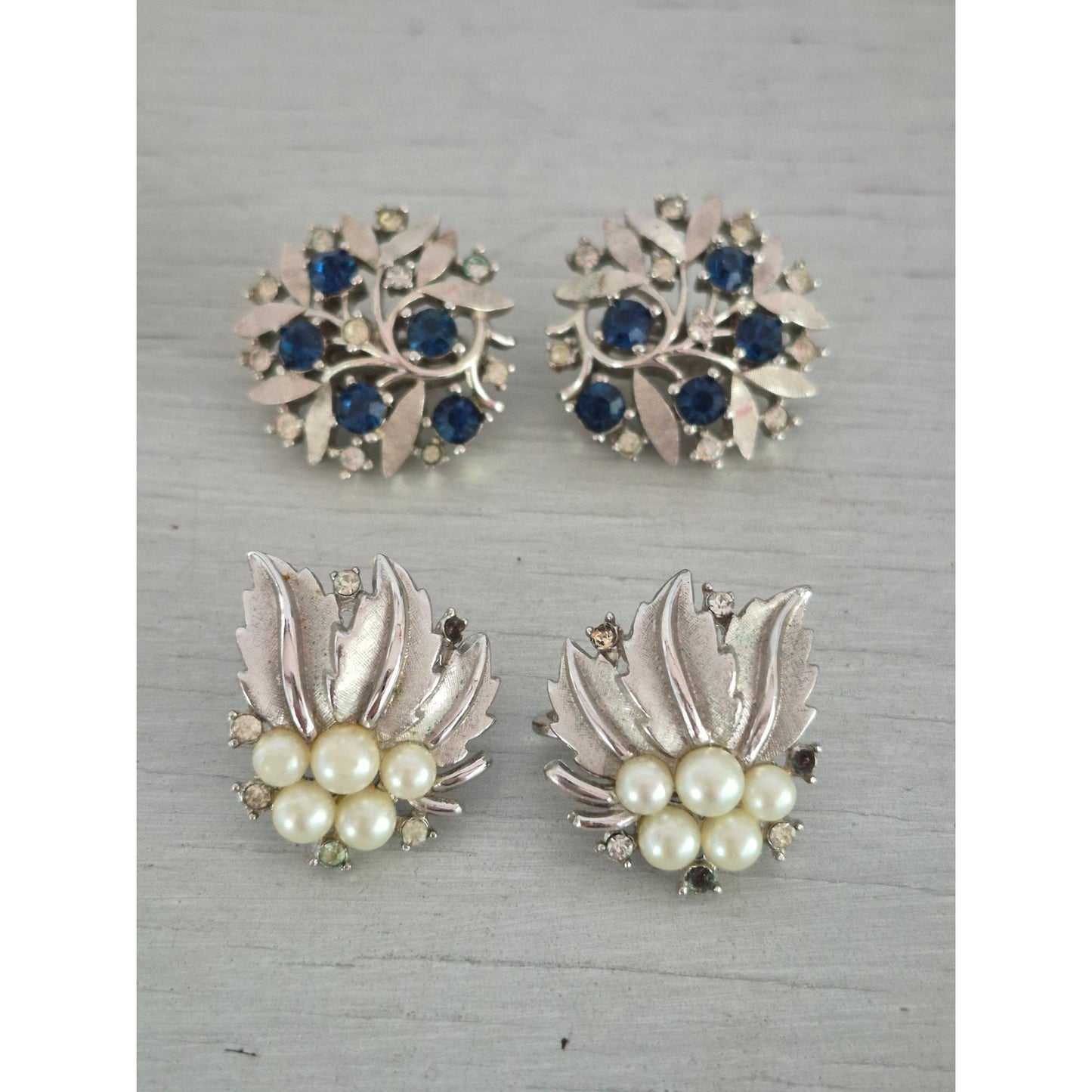 Vintage Crown Trifari Silver tone Rhinestone and Faux Pearl Earring Lot of 2