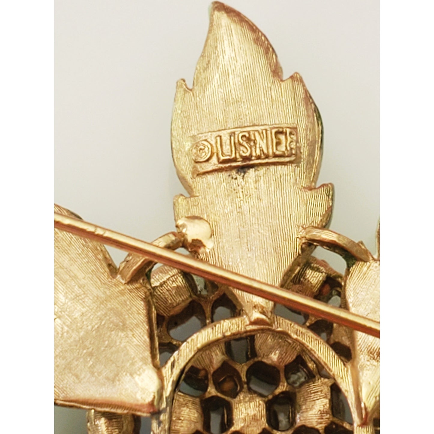 Vintage Lisner Sage Green Enamel Leaf AB Rhinestone Brooch