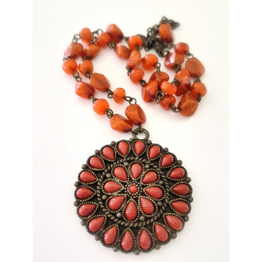 Vintage Robert Rose Faux Coral Round Medallion Pendant Necklace