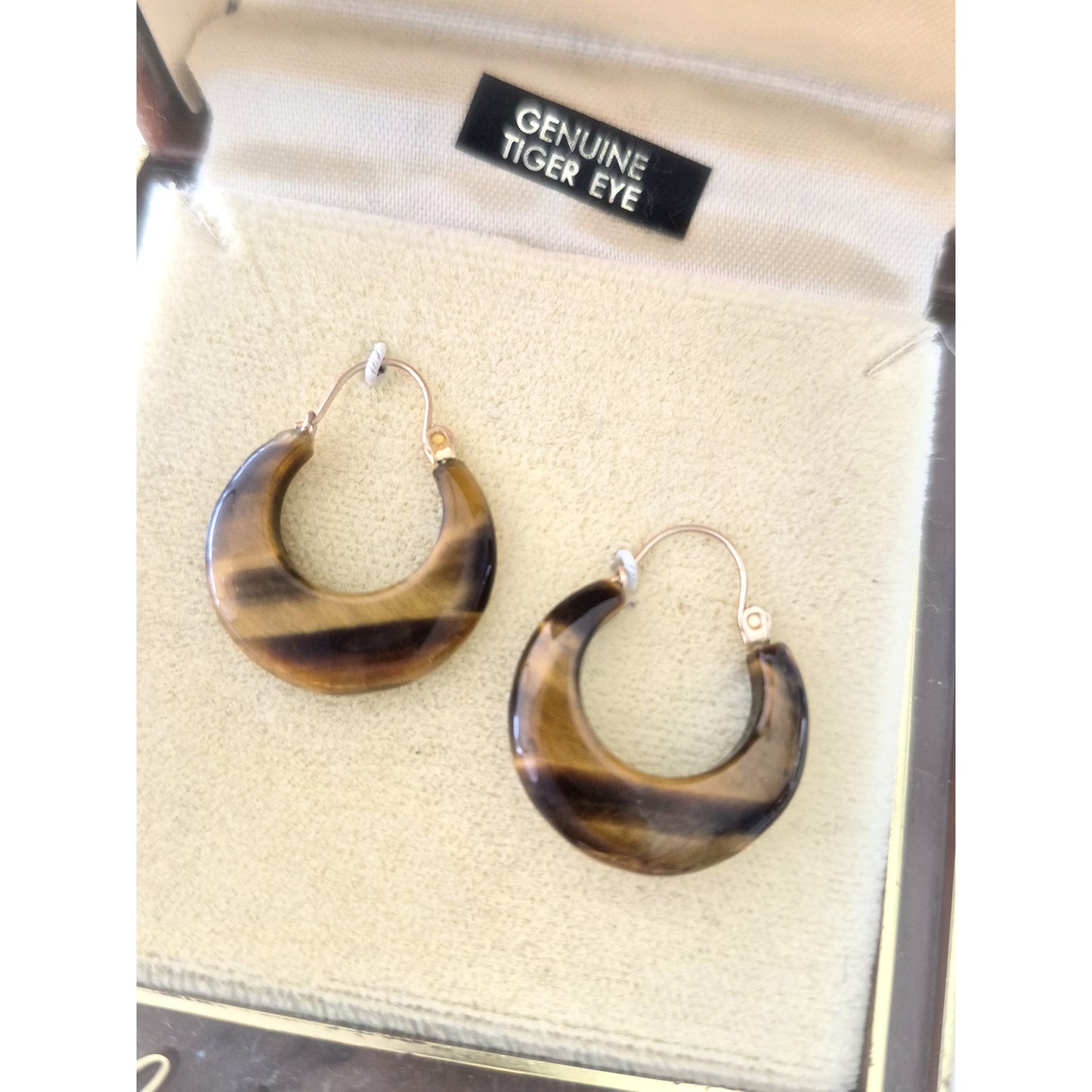 Vintage 14K Gold Tiger Eye Hoop Earrings