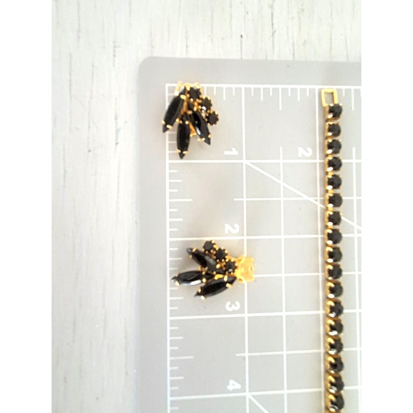 Vintage Black Rhinestone Goldtone Choker Necklace and Earring Set