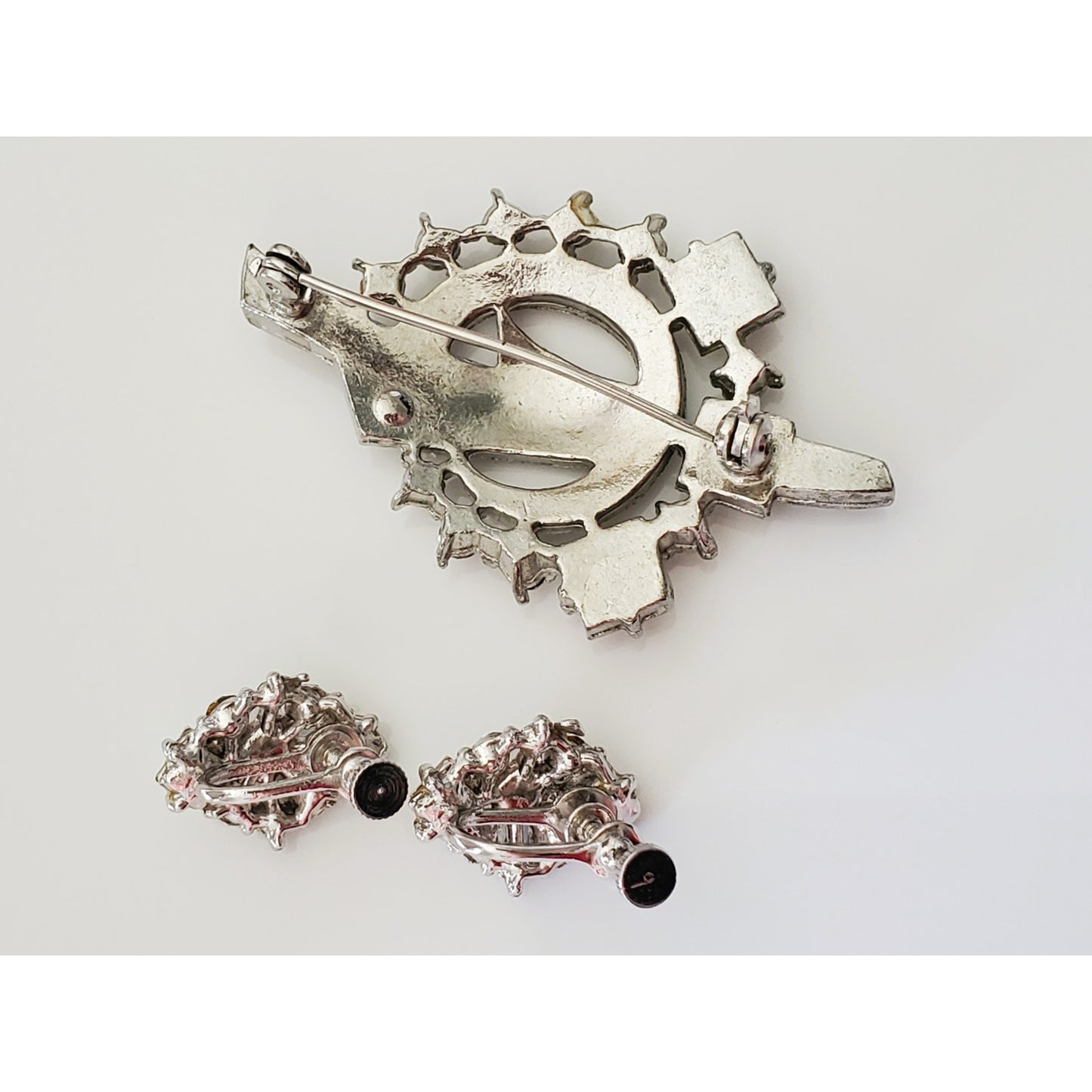 Vintage Silver Clear Rhinestone Brooch and Clip On Earring Set