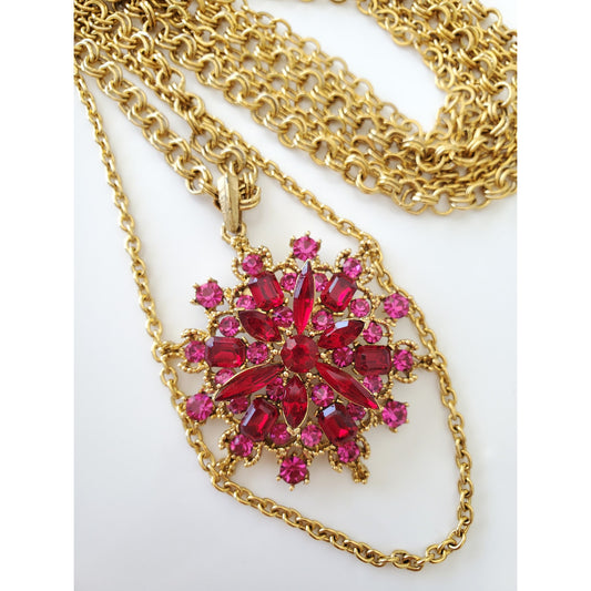 Vintage Large Pink Pendant Triple Strand Necklace