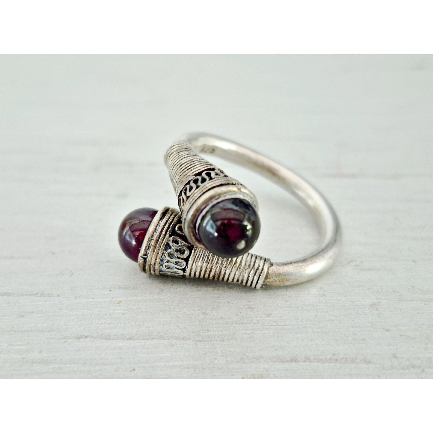 Vintage Sterling Silver & Garnet Carbochon Bypass Ring