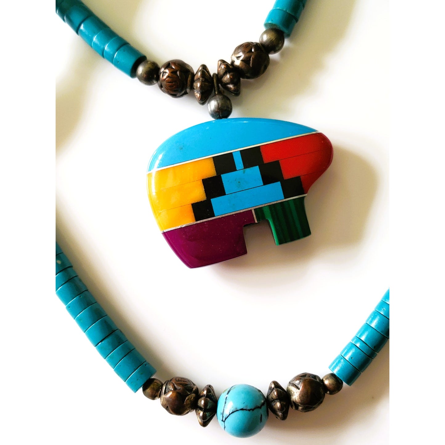 Vintage Native American Multi Stone Double Strand Inlay Bear Necklace