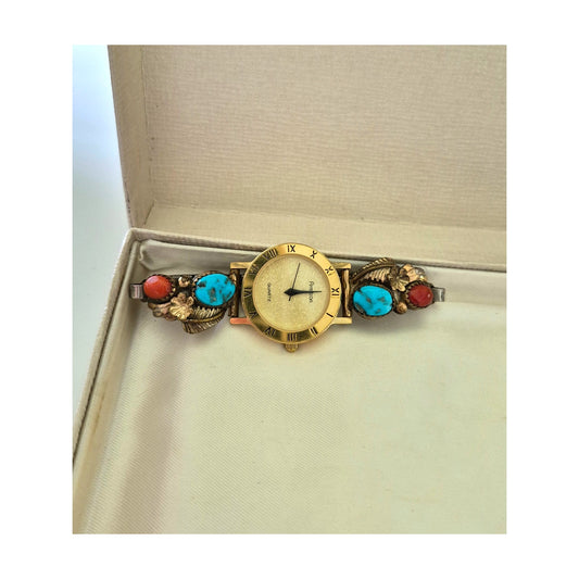 Vintage Sterling Silver Turquoise and Coral Artist Signed LM Watch Band