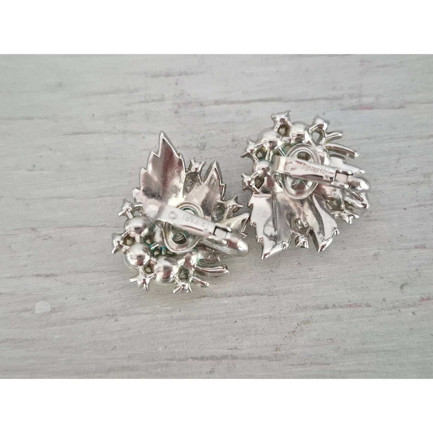 Vintage Crown Trifari Silver tone Rhinestone and Faux Pearl Earring Lot of 2