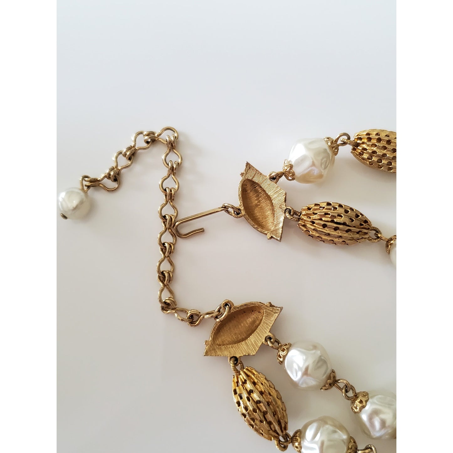 Vintage Double Strand Choker Faux Pearl and Gold Filigree Bead Necklace