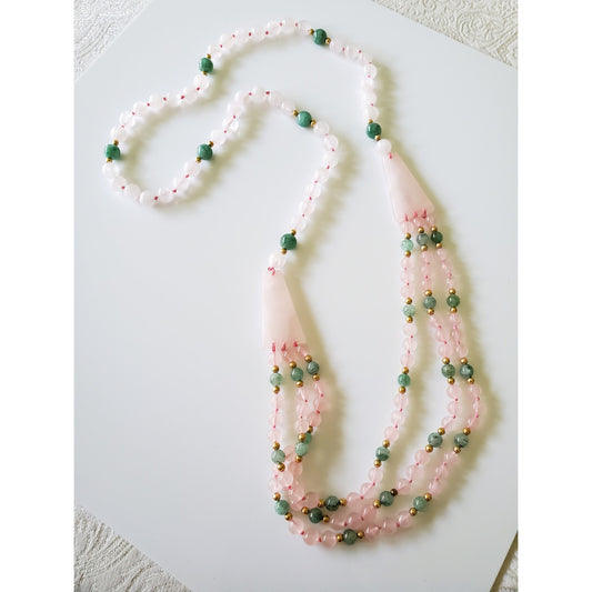 Vintage Multi Strand Rose Quartz and Jade Beaded Necklace