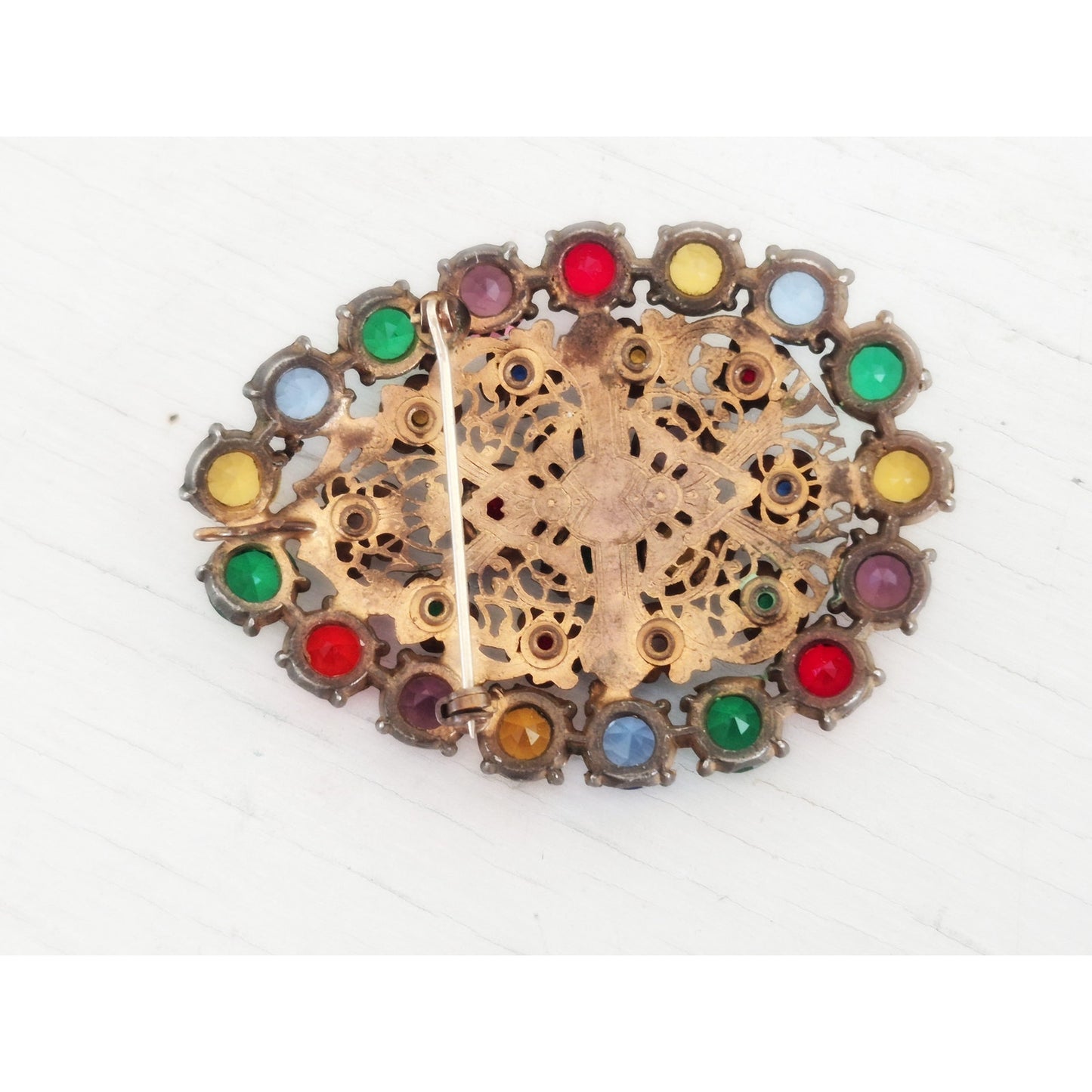 Antique 1920s Czech Multi-Color Fruit Salad Glass Brooch Pendant