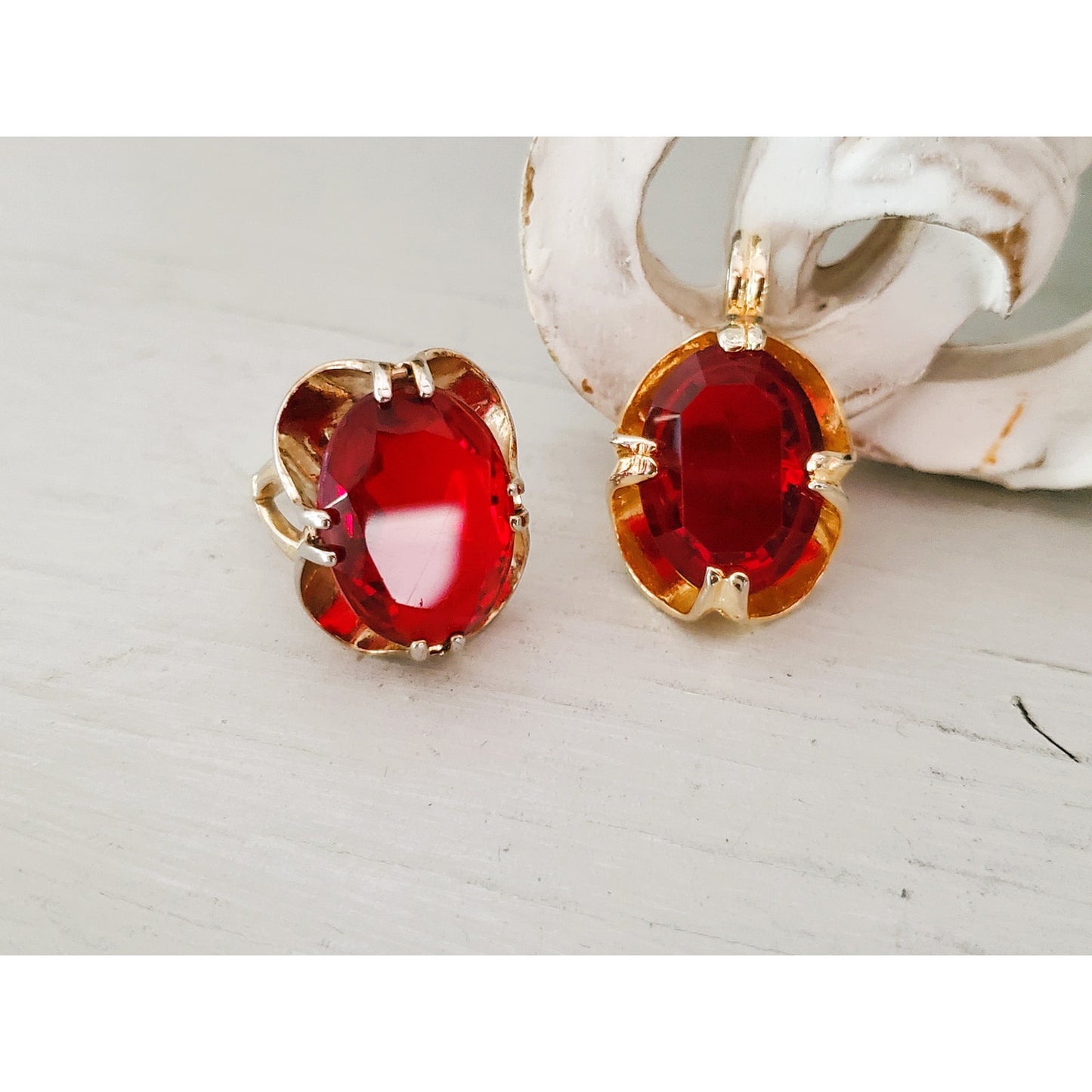 Vintage Gold Plated Red Stone Pendant and Ring Set