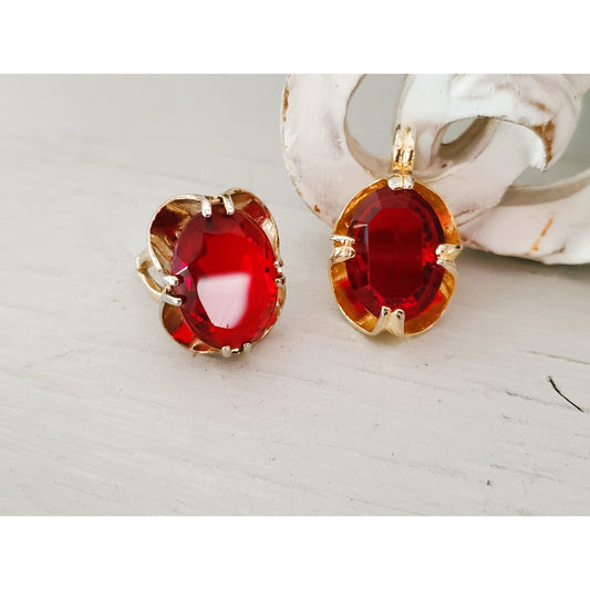 Vintage Gold Plated Red Stone Pendant and Ring Set