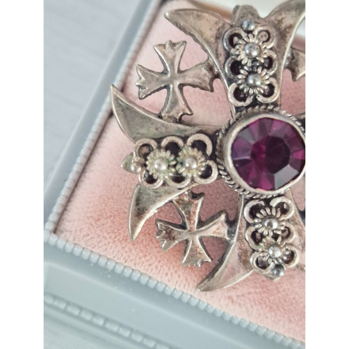 Vintage Silver Purple Stone Maltese Cross Brooch Pendant