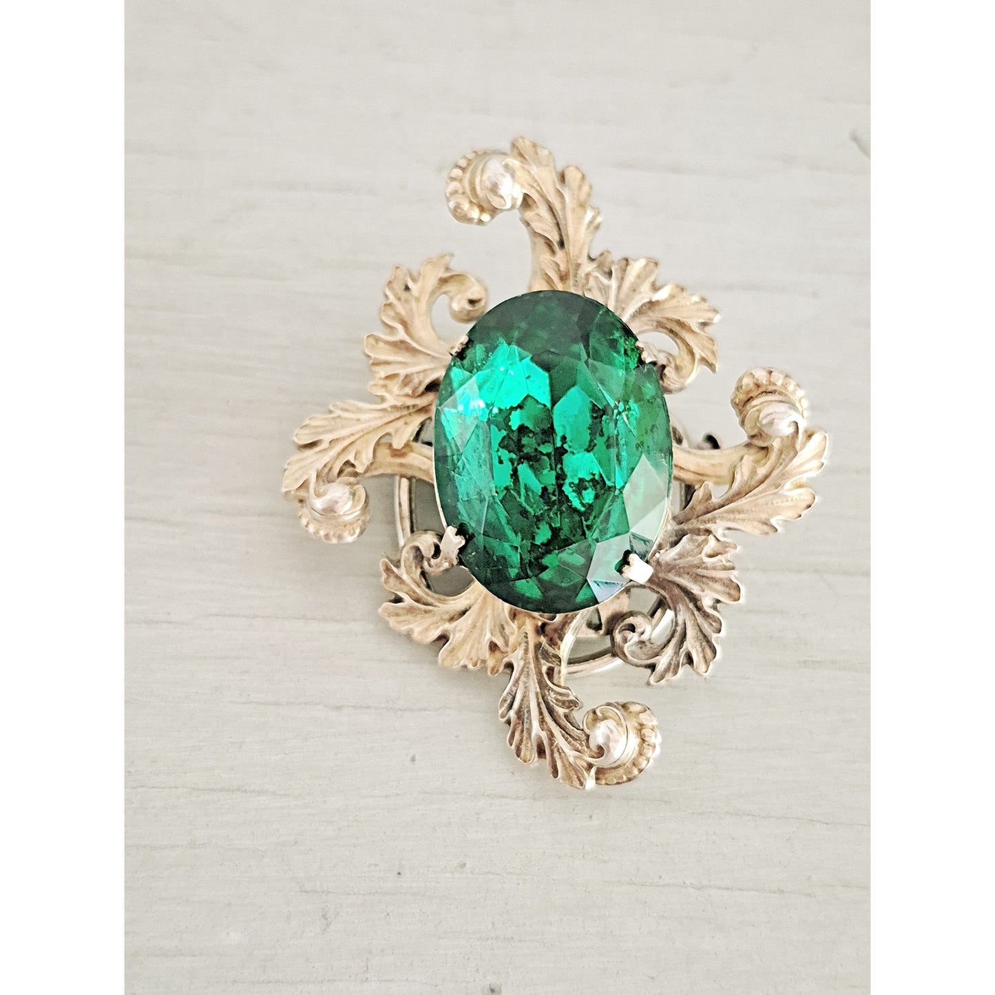 Vintage Brass Large Green Stone Swirl Brooch Clip