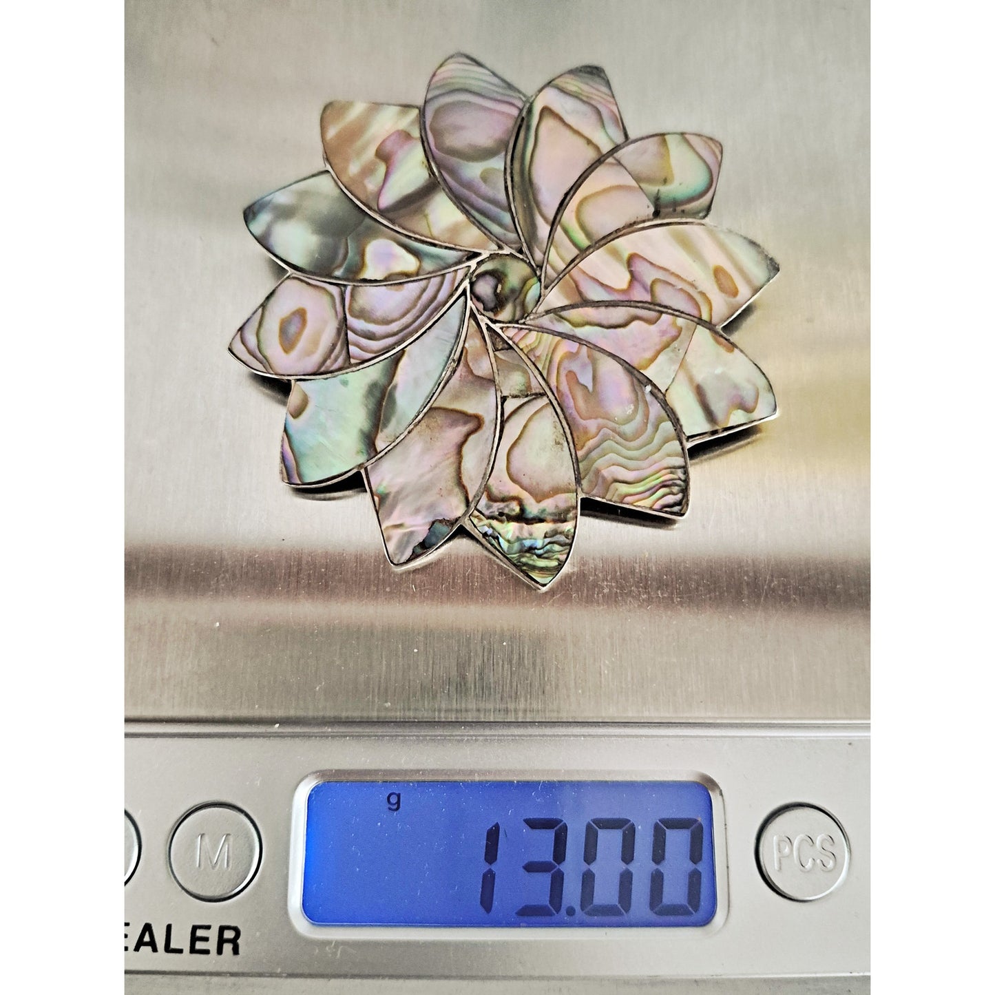 Vintage Sterling Silver Taxco Abalone Shell Mexican Flower Brooch