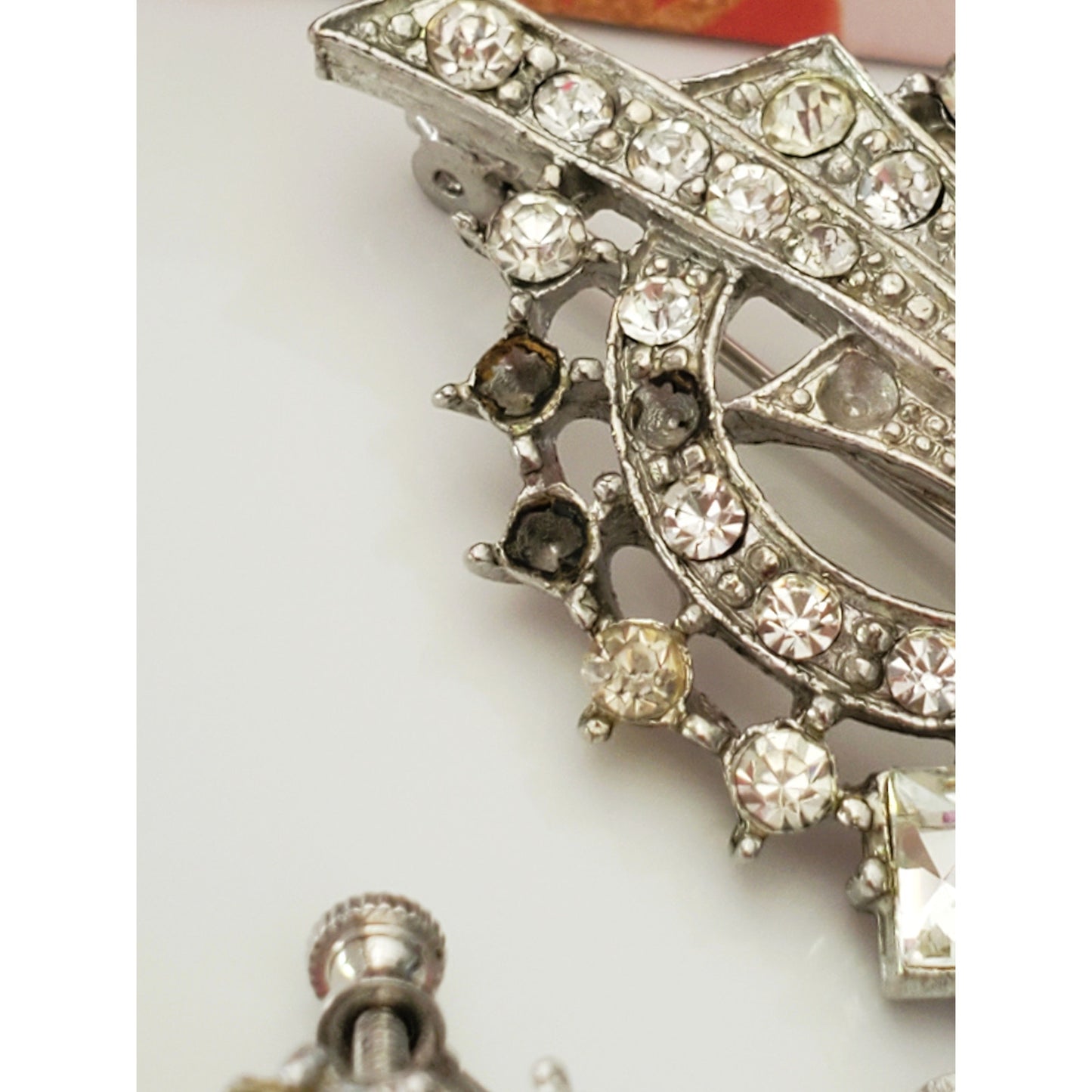 Vintage Silver Clear Rhinestone Brooch and Clip On Earring Set