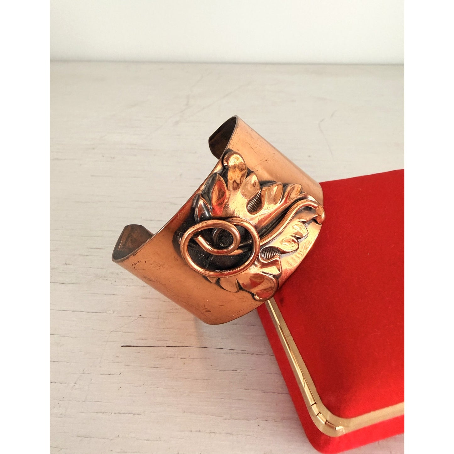 Vintage Copper Repoussé Modernist Leaf Wide Cuff Bracelet