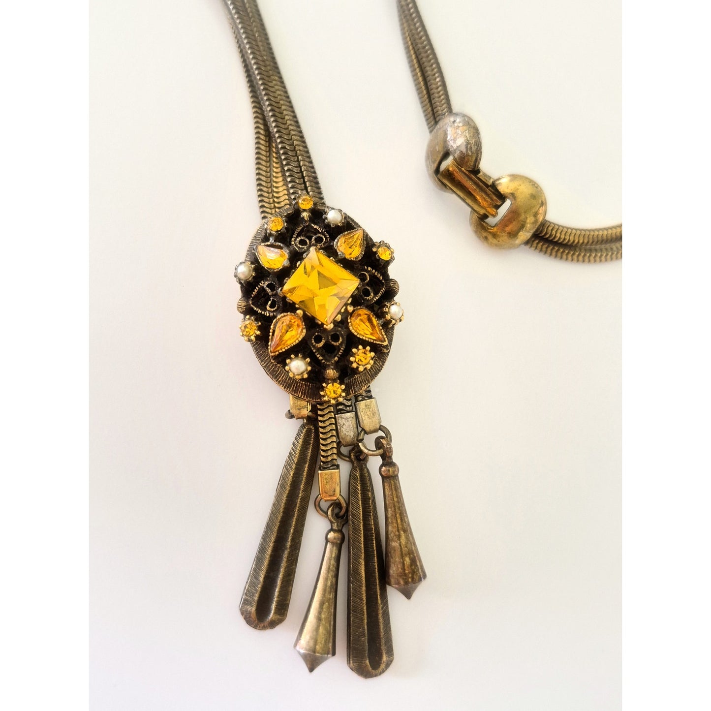 Vintage Mid-Century Yellow Rhinestones and Faux Pearl Bolero Sliding Necklace